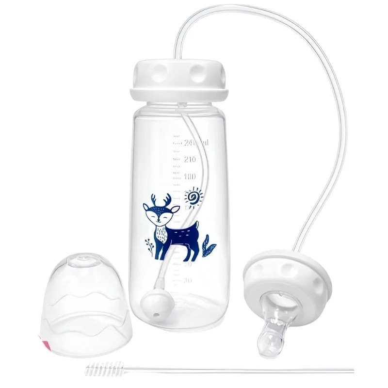 Hands-Free Baby Feeding Bottle 240ml — BPA-Free, Anti-Colic with Silicone Straw